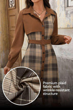 Retro Corduroy Plaid Belted Dress