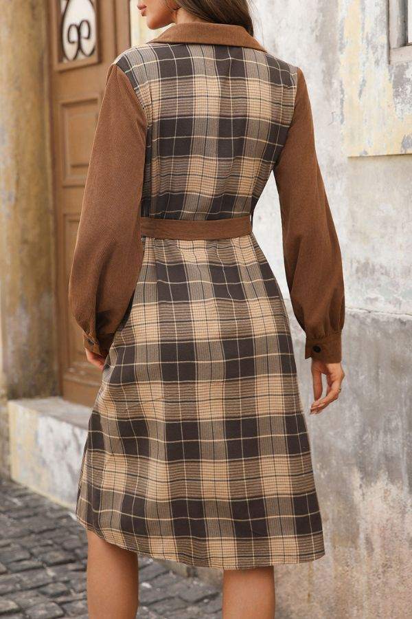 Retro Corduroy Plaid Belted Dress