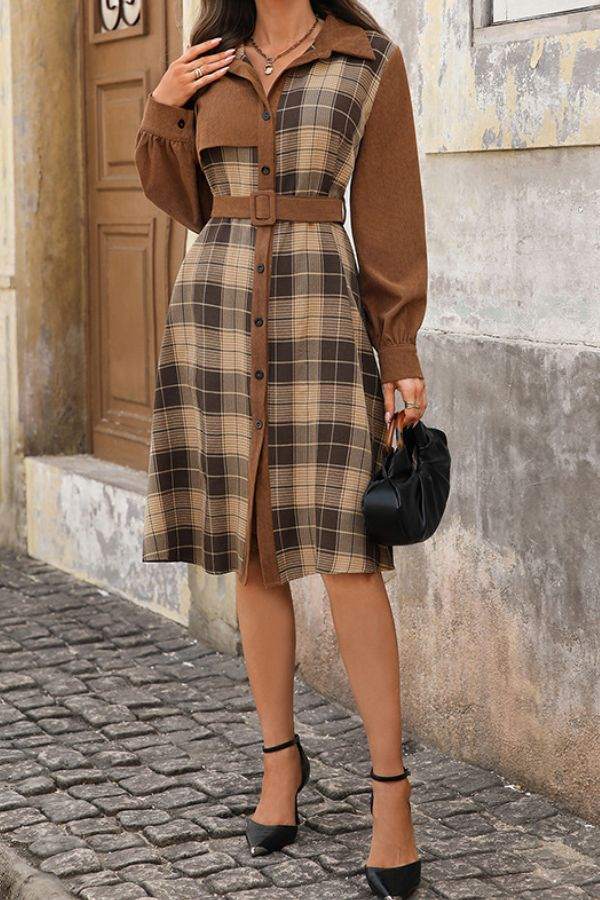 Retro Corduroy Plaid Belted Dress