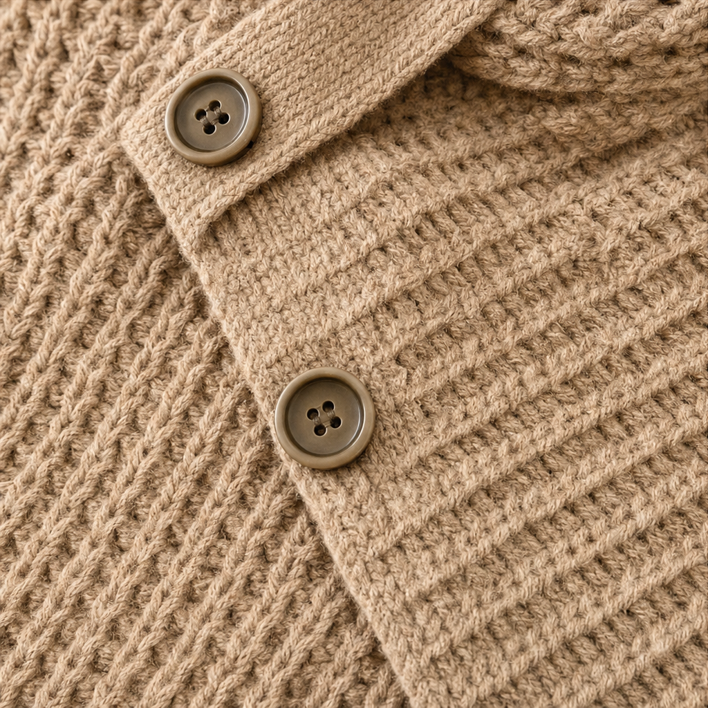 Cowl & Cozy – Asymetryczny sweter z dekoltem w kształcie czołgu i zapięciem na guziki