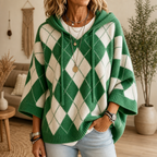 Wrapbella – Sweter Poncho z Kapturem w Wzór Argyle