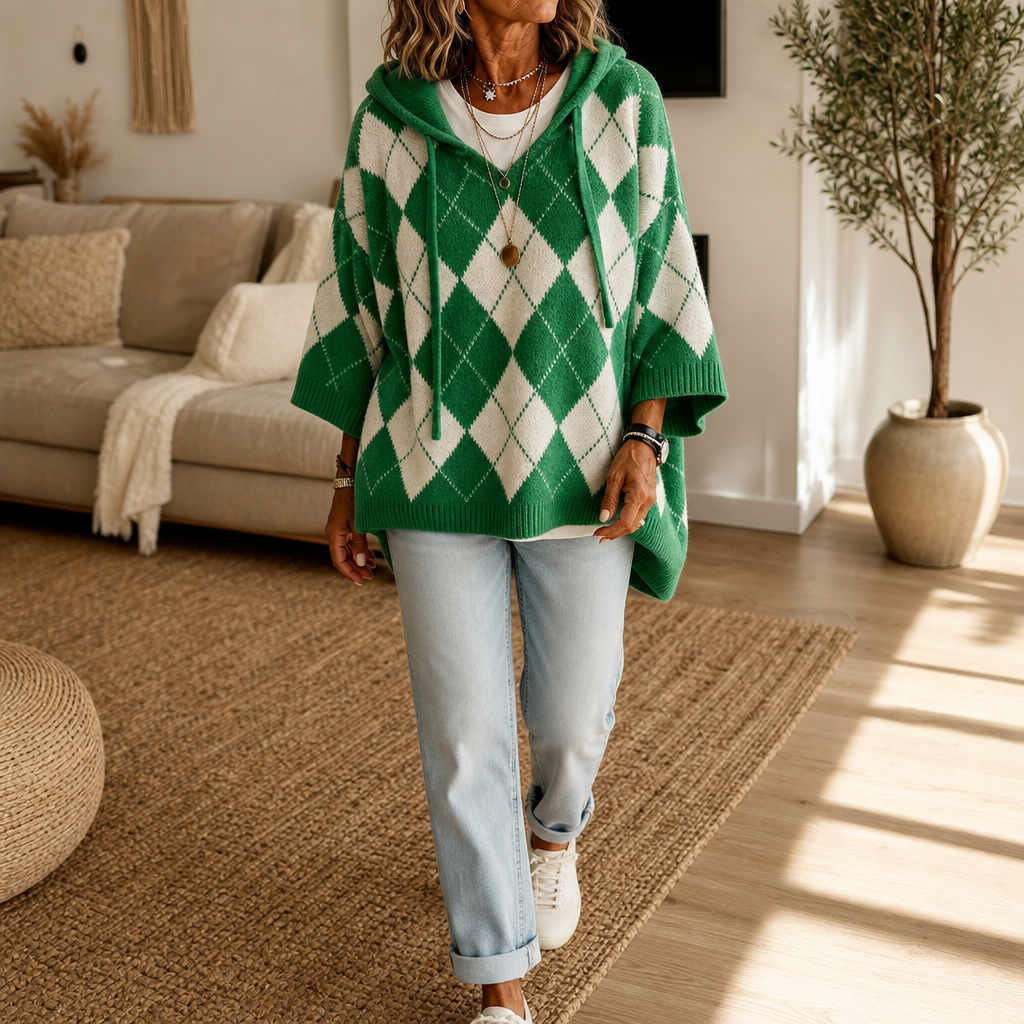 Wrapbella – Sweter Poncho z Kapturem w Wzór Argyle
