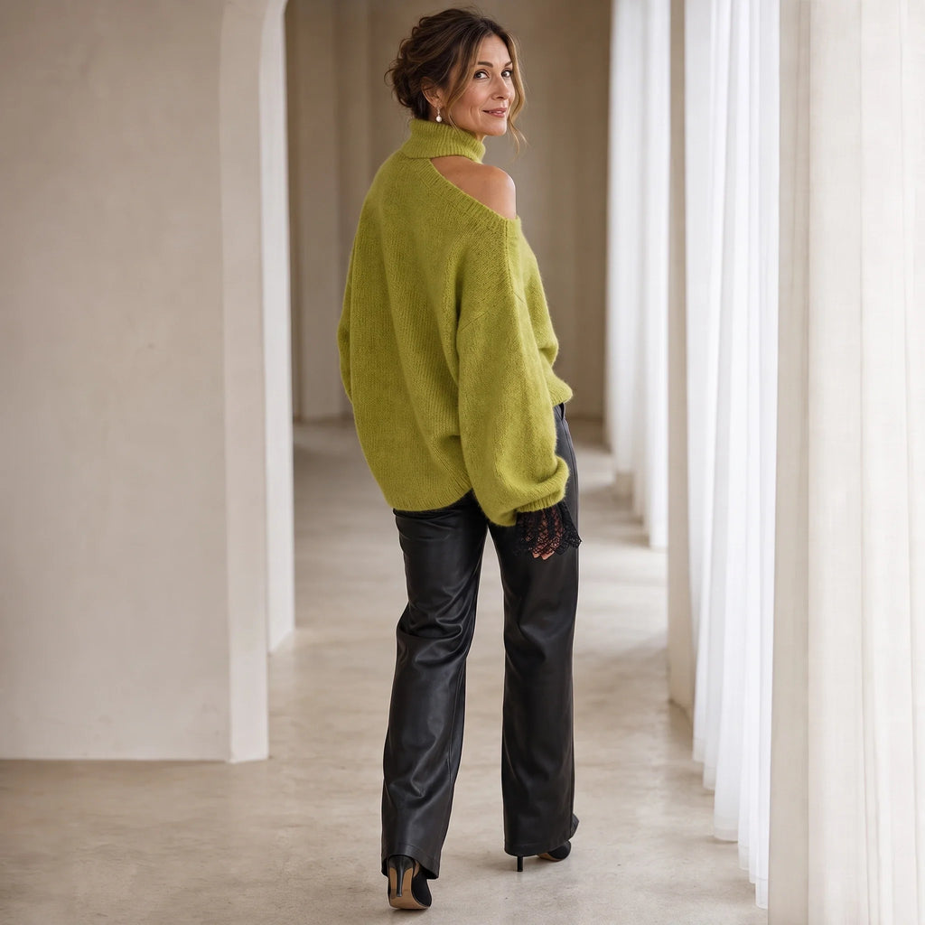 Elegancki Sweter Damski z Odkrytymi Ramionami, Kokardą i Koronką
