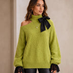 Elegancki Sweter Damski z Odkrytymi Ramionami, Kokardą i Koronką
